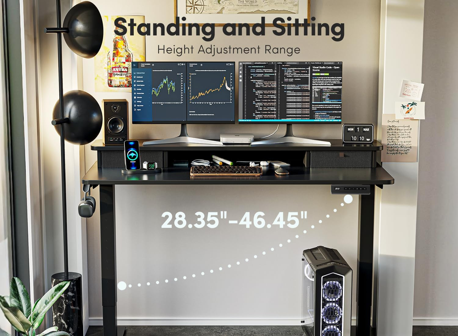 Height Adjustable Electric Standing Desk - 40" x 24" with Double Drawer, Home Office Workstation, Black Finish, Includes 4 Adjustable Feet and 2 Hooks