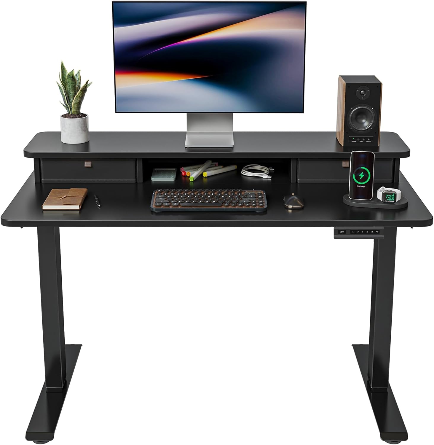 Height Adjustable Electric Standing Desk - 40" x 24" with Double Drawer, Home Office Workstation, Black Finish, Includes 4 Adjustable Feet and 2 Hooks