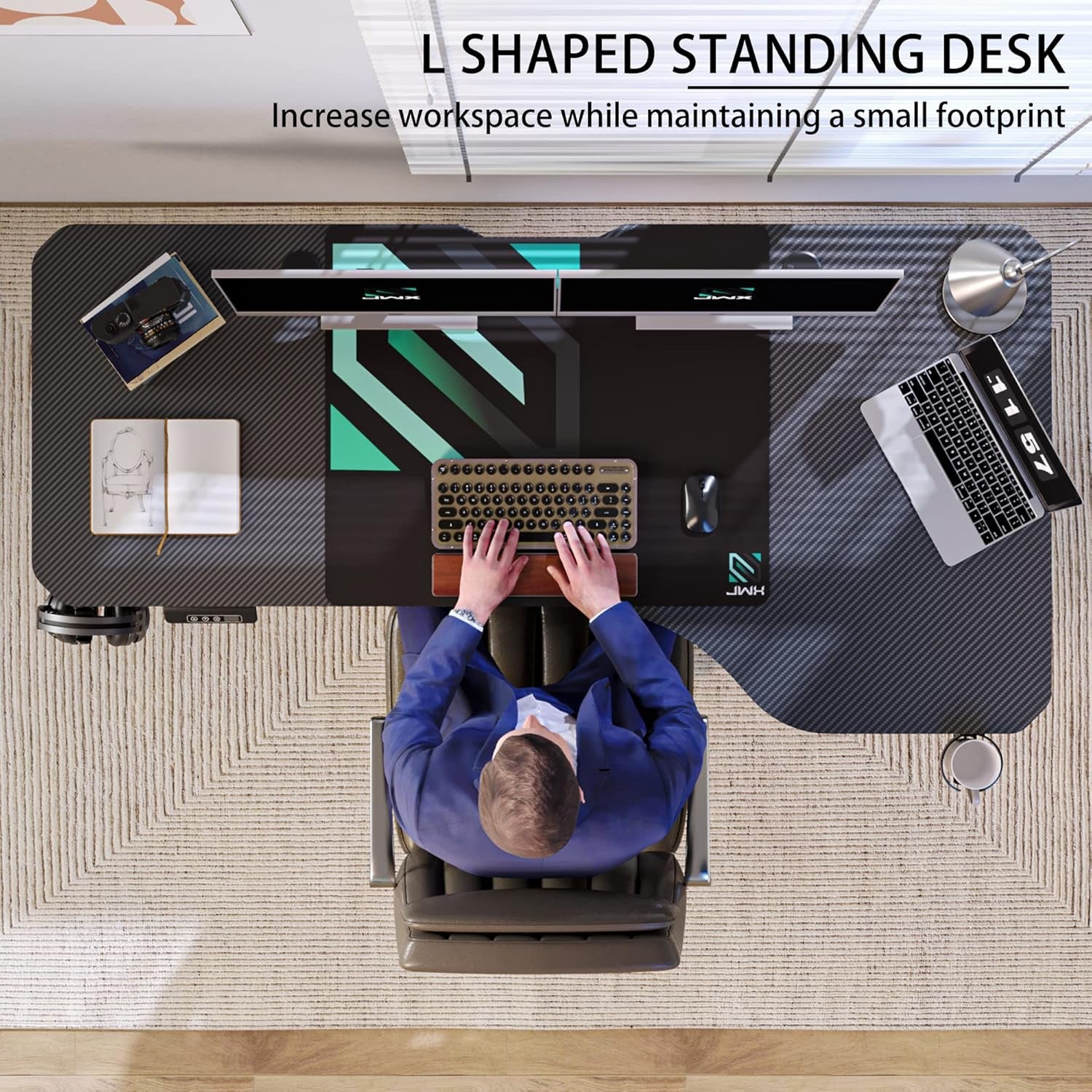Dual Motor L-Shaped Electric Height Adjustable Standing Desk, 63”, with Memory Presets, Child Lock, Sit-Stand Reminder, Carbon Fiber Surface, Cable Management, and Cup Holder
