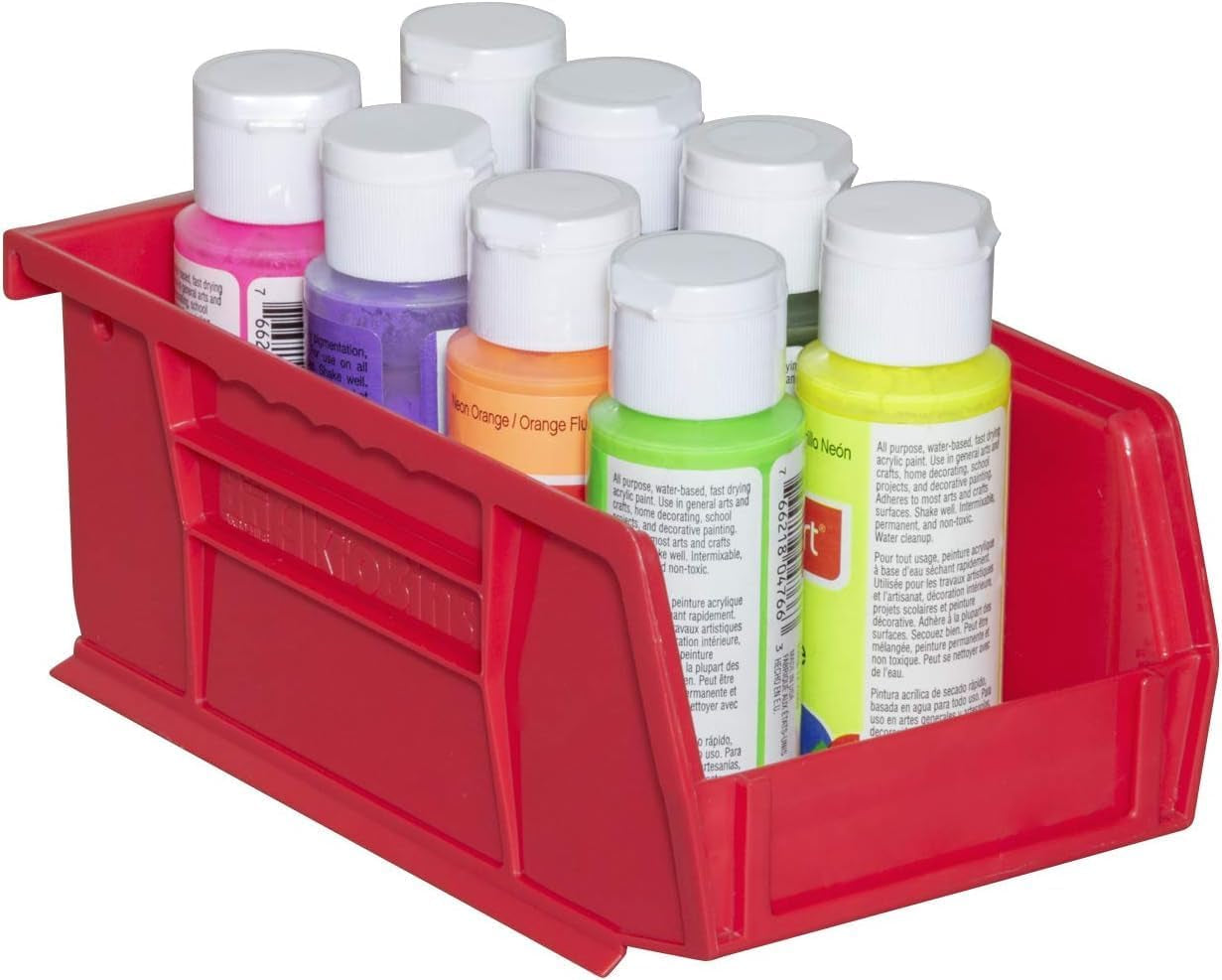 30220 Akrobins Plastic Storage Bins, Space-Saving Stackable Bins for Garage, Pantry, Craft Organization, 7" X 4" X 3", Red, 24-Pack
