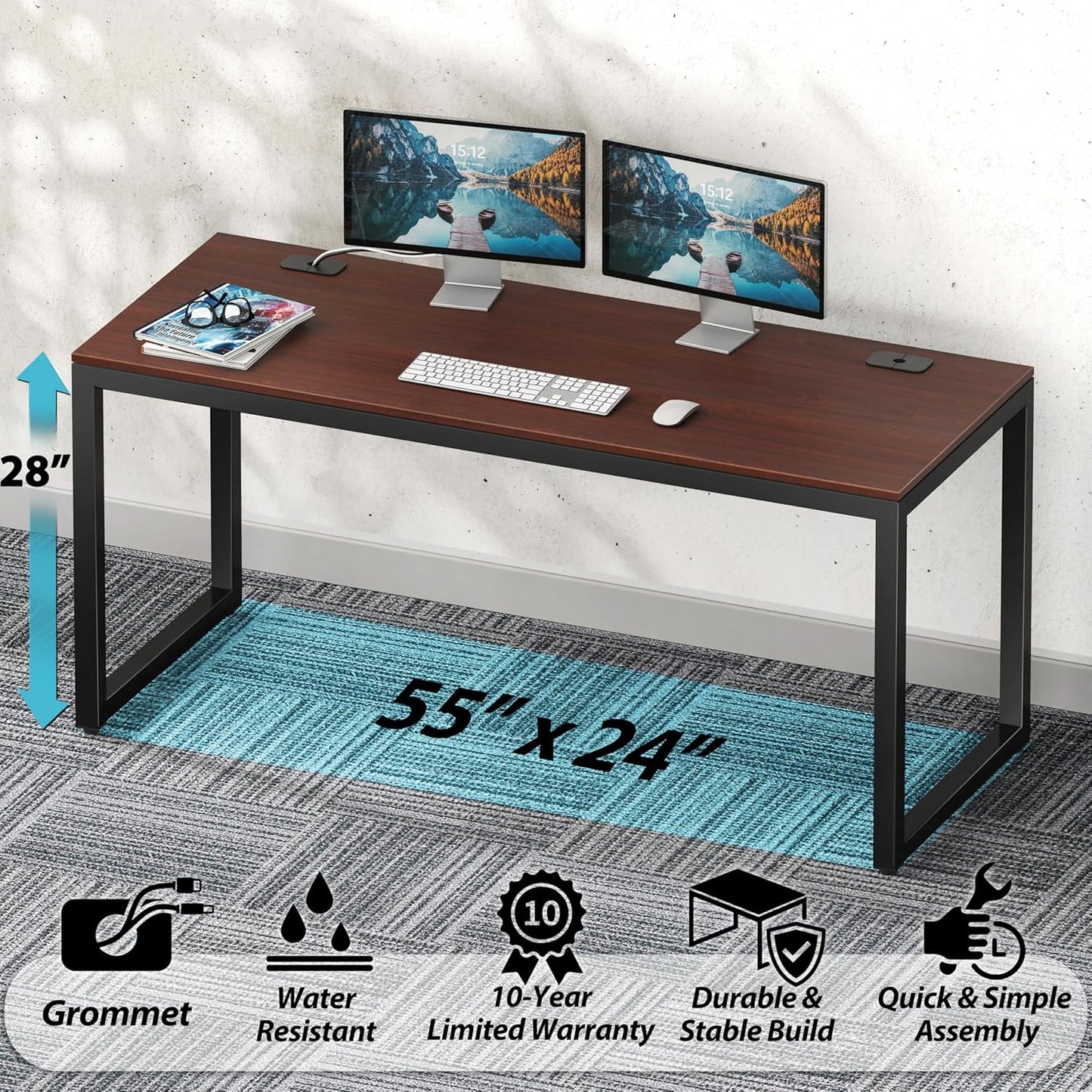 55-Inch Cherry Commercial-Grade Office Computer Desk