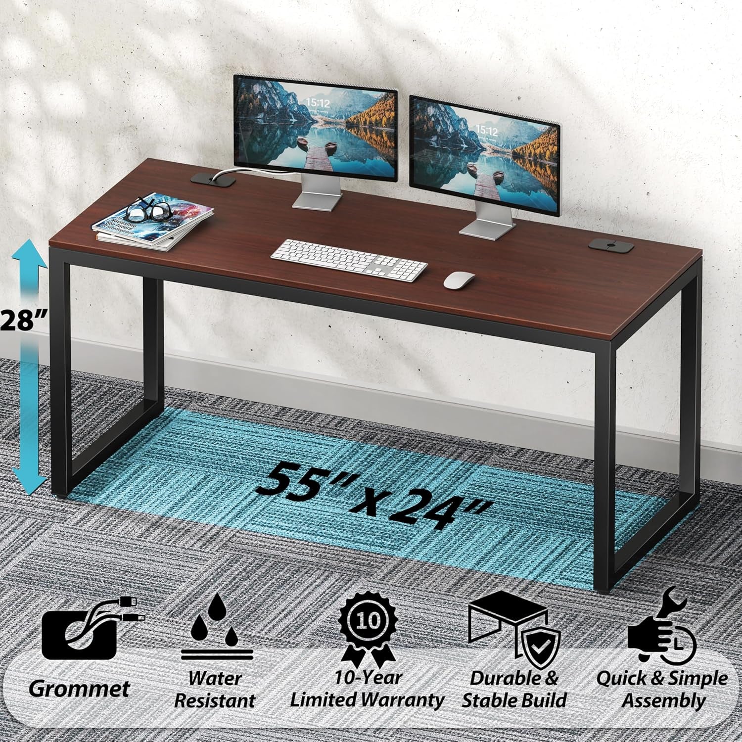55-Inch Cherry Commercial-Grade Office Computer Desk
