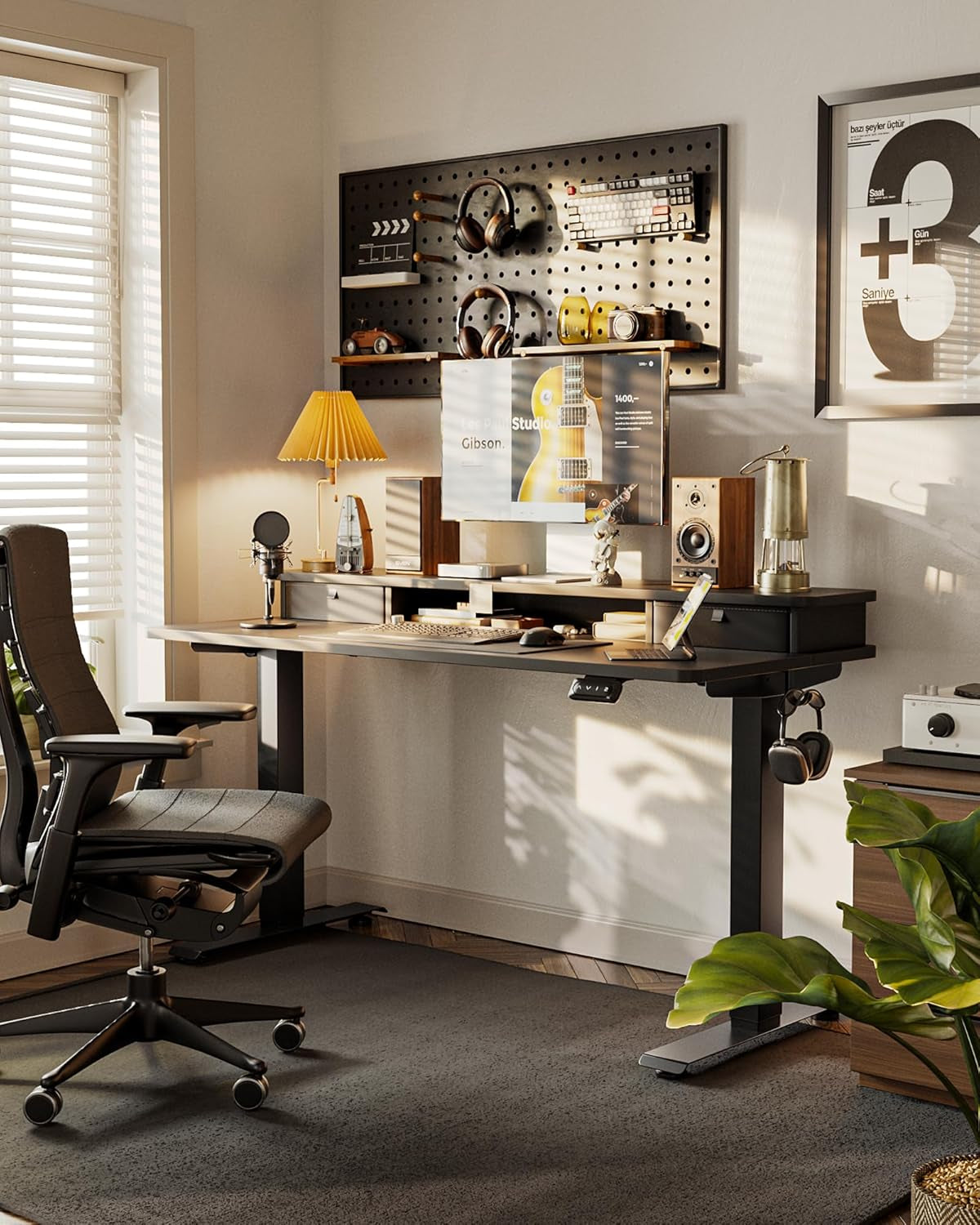 Height Adjustable Electric Standing Desk - 40" x 24" with Double Drawer, 4 Adjustable Feet, and 2 Hooks, Black Finish