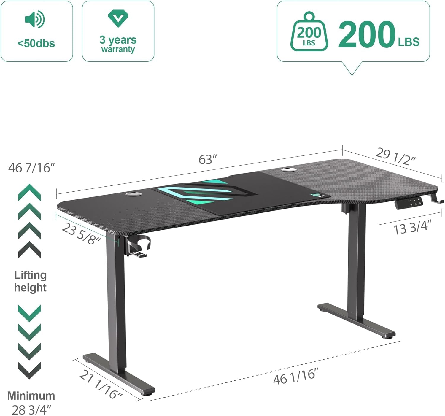 Dual Motor L-Shaped Electric Height Adjustable Standing Desk, 63”, with Memory Presets, Child Lock, Sit-Stand Reminder, Carbon Fiber Surface, Cable Management, and Cup Holder