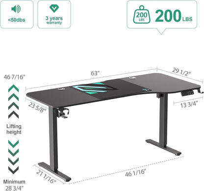 Dual Motor L-Shaped Electric Height Adjustable Standing Desk, 63”, with Memory Presets, Child Lock, Sit-Stand Reminder, Carbon Fiber Surface, Cable Management, and Cup Holder