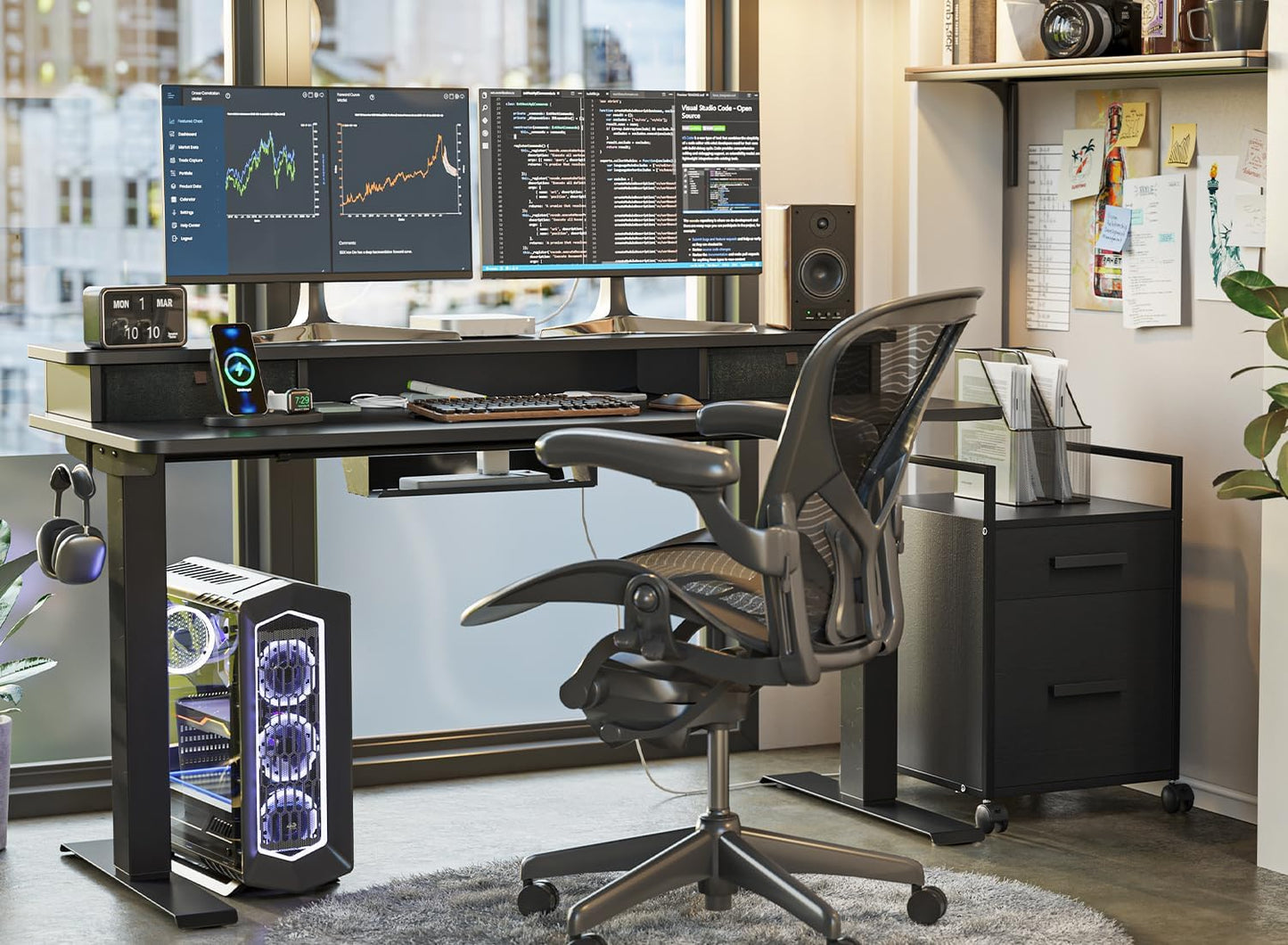 Height Adjustable Electric Standing Desk - 40" x 24" with Double Drawer, Home Office Workstation, Black Finish, Includes 4 Adjustable Feet and 2 Hooks