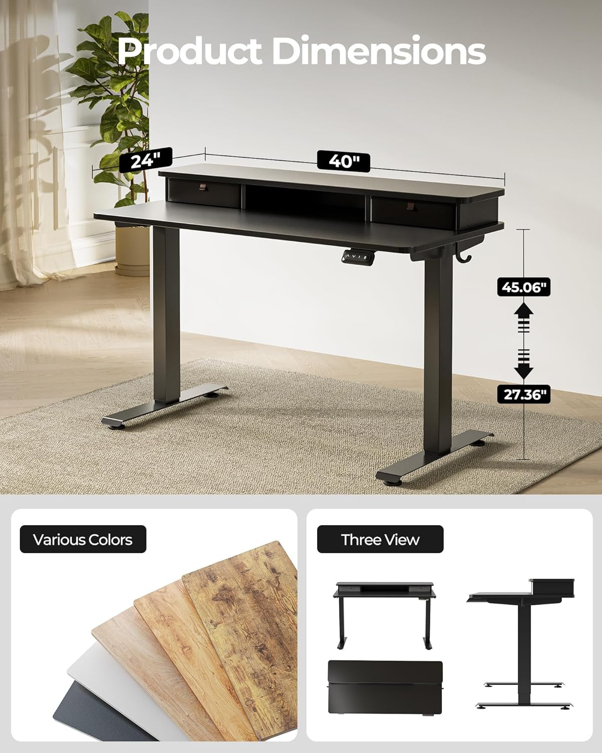 Height Adjustable Electric Standing Desk - 40" x 24" with Double Drawer, 4 Adjustable Feet, and 2 Hooks, Black Finish