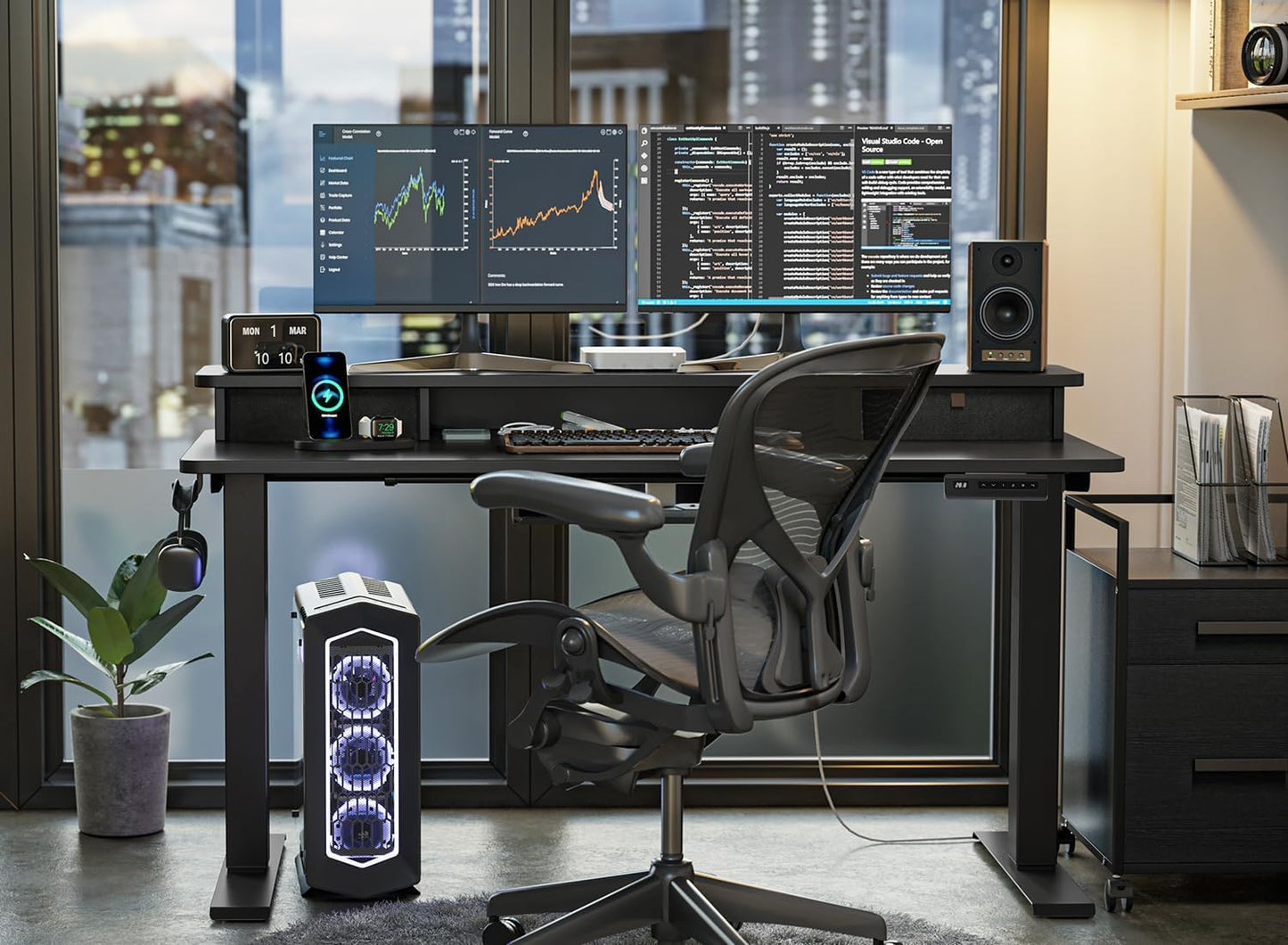 Height Adjustable Electric Standing Desk - 40" x 24" with Double Drawer, Home Office Workstation, Black Finish, Includes 4 Adjustable Feet and 2 Hooks