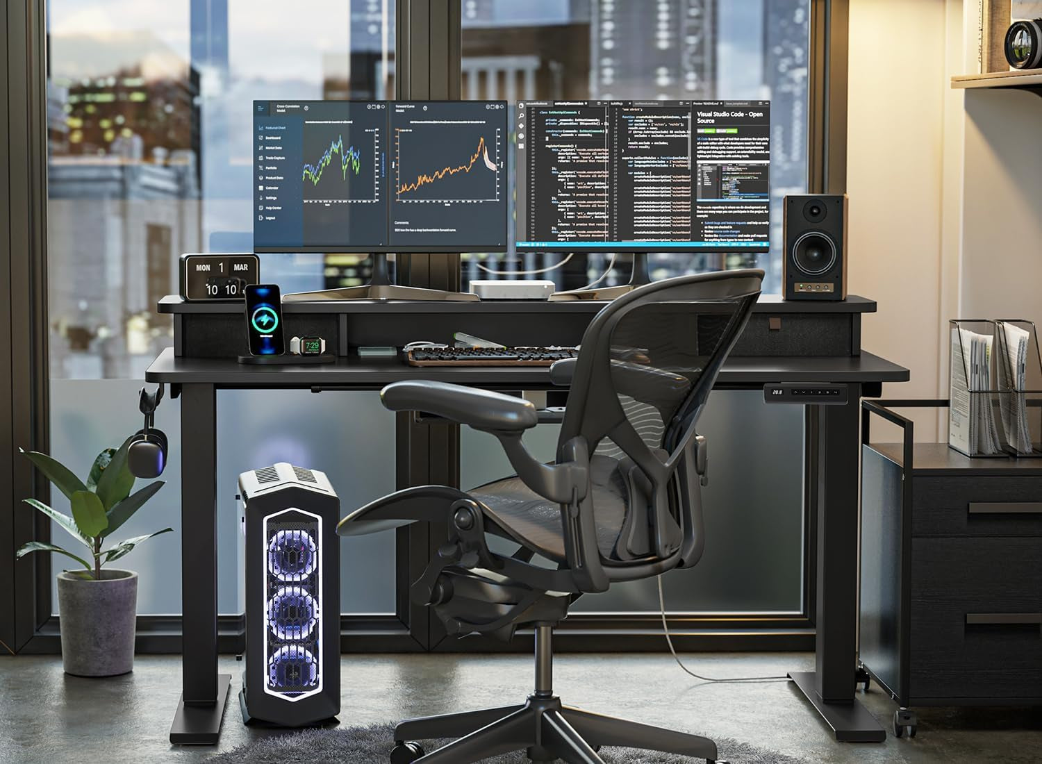 Height Adjustable Electric Standing Desk - 40" x 24" with Double Drawer, Home Office Workstation, Black Finish, Includes 4 Adjustable Feet and 2 Hooks