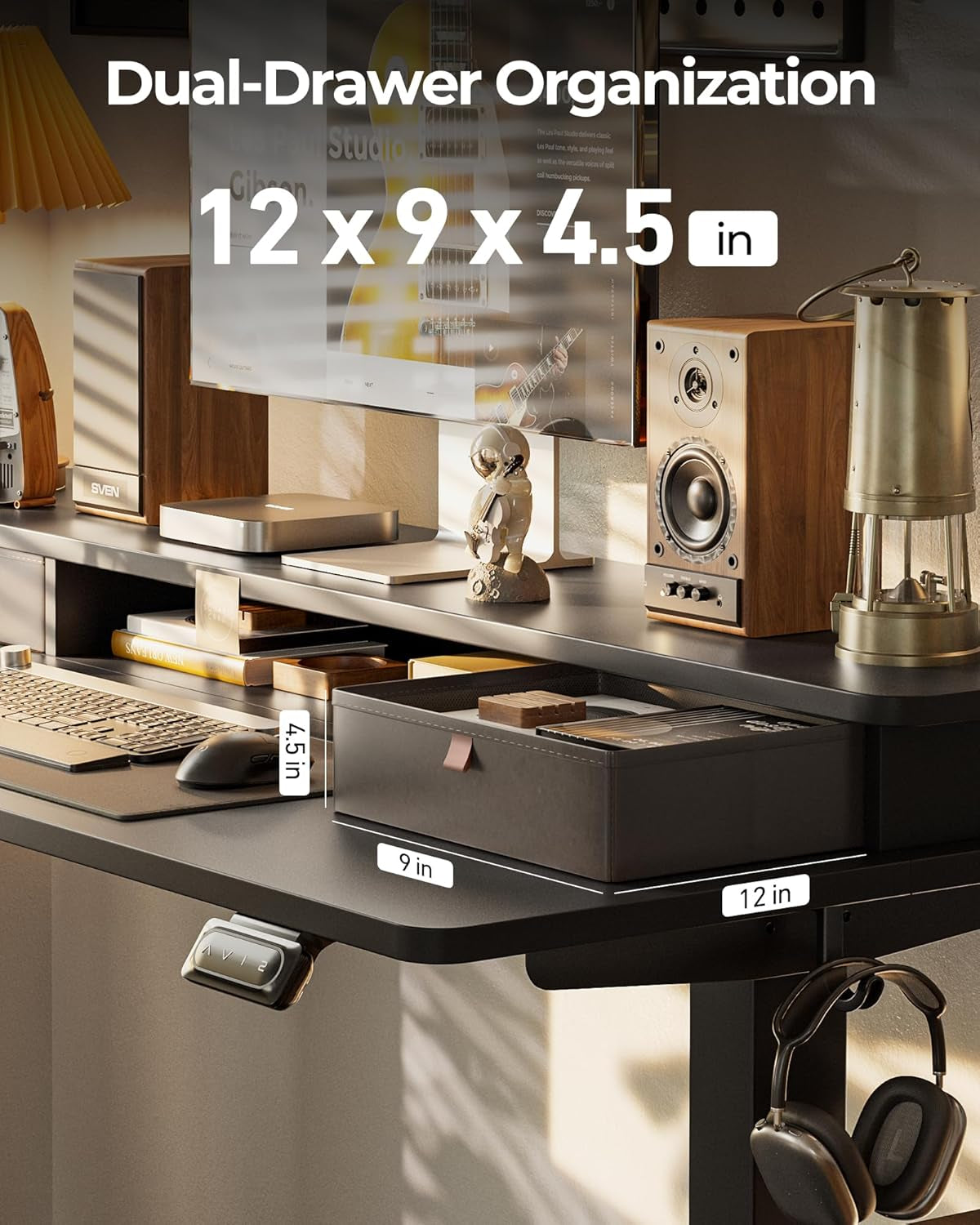 Height Adjustable Electric Standing Desk - 40" x 24" with Double Drawer, 4 Adjustable Feet, and 2 Hooks, Black Finish