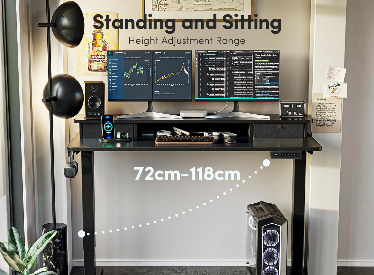 Height Adjustable Electric Standing Desk - 40" x 24" with Double Drawer, Home Office Workstation, Black Finish, Includes 4 Adjustable Feet and 2 Hooks