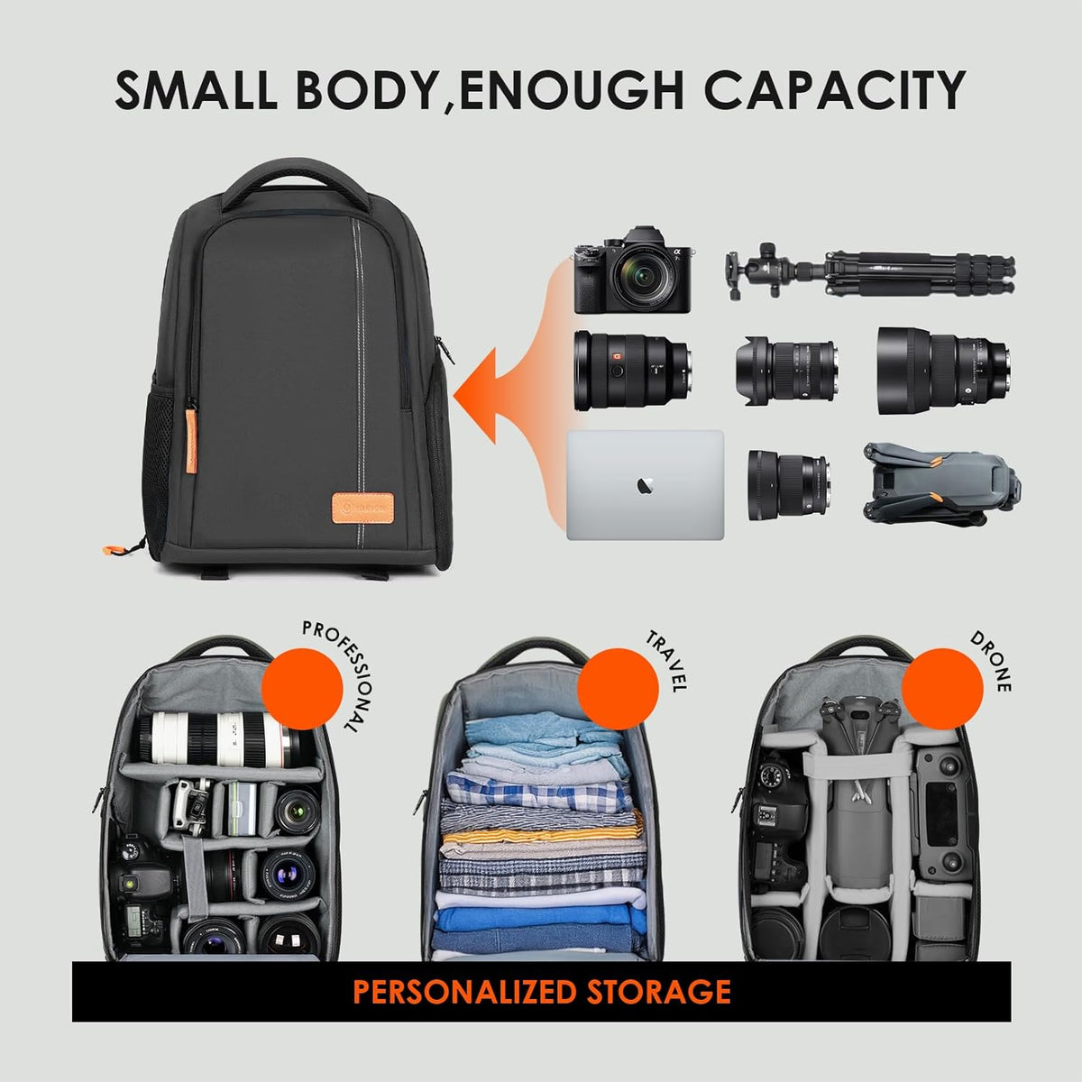 Camera Backpack for Photographers - Compact Camera Bag with 15 Inch Laptop Compartment - Side Access Quick Draw - Anti-Theft Hidden Pocket Tripod Holder Rain Cover - TB04 Black