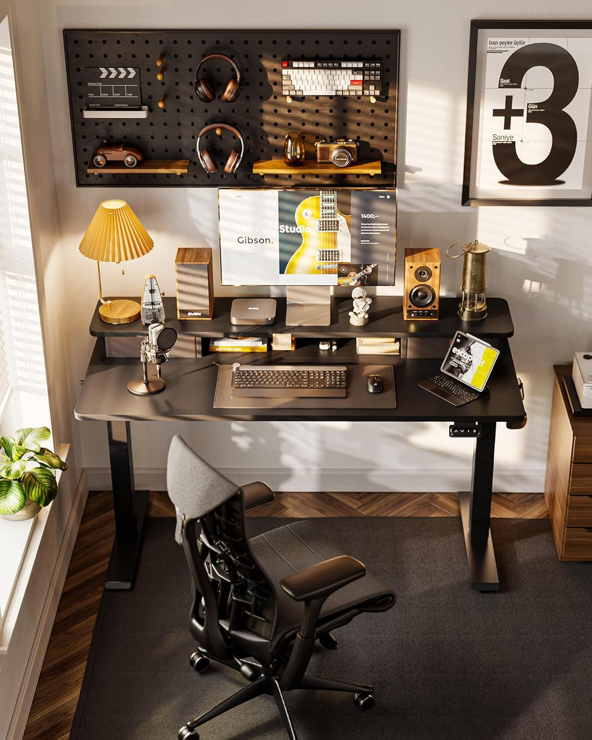 Height Adjustable Electric Standing Desk - 40" x 24" with Double Drawer, 4 Adjustable Feet, and 2 Hooks, Black Finish