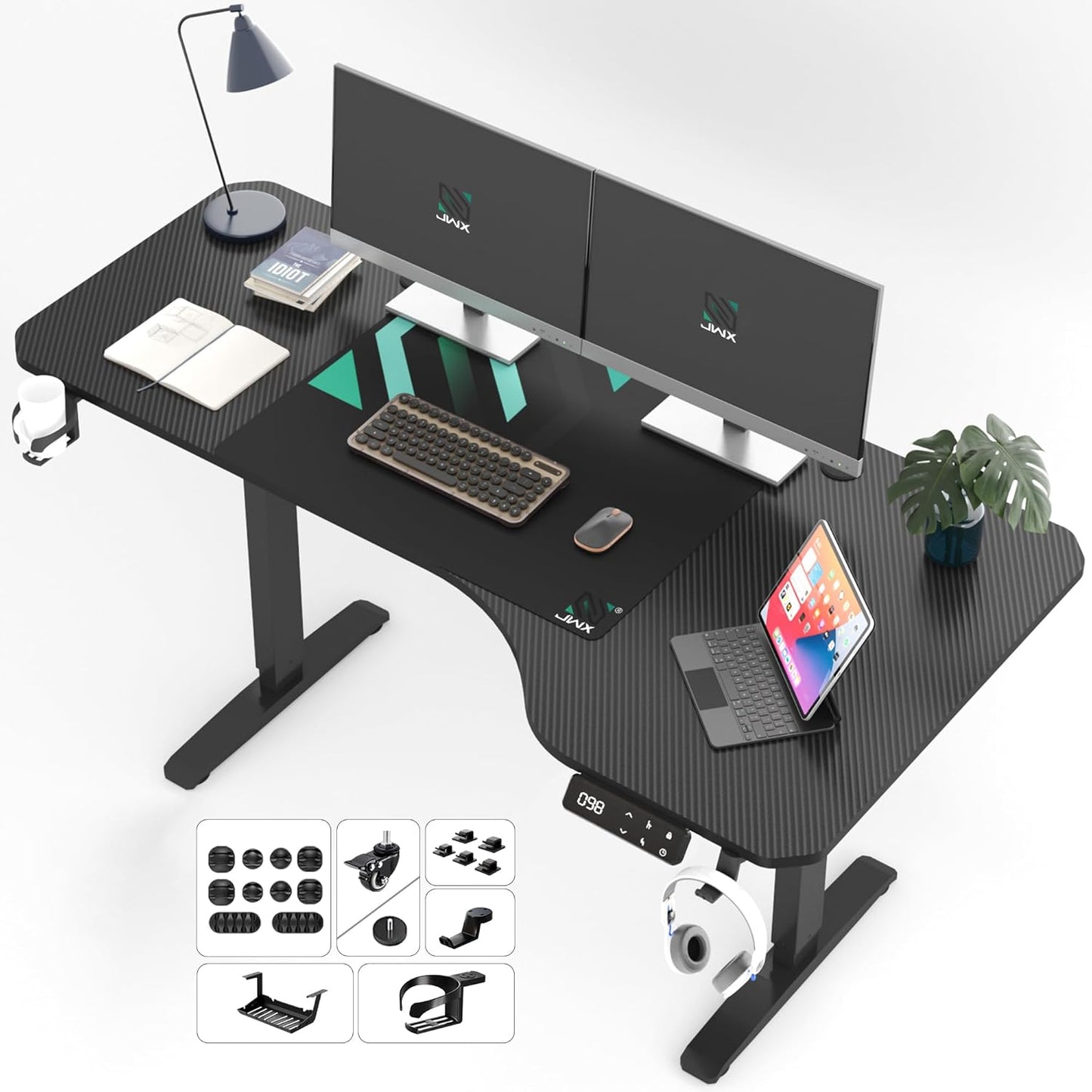 Dual Motor L-Shaped Electric Height Adjustable Standing Desk, 63”, with Memory Presets, Child Lock, Sit-Stand Reminder, Carbon Fiber Surface, Cable Management, and Cup Holder