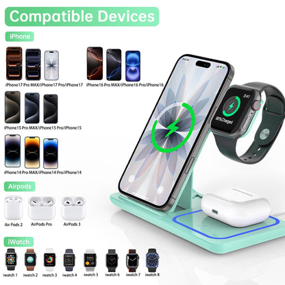 Wireless Charging Station, 2025 Upgraded 18W 3 in 1 Wireless Charger Stand for Iphone 16/15/14/13/12/11 Pro/Xs, Airpods 4/3/2/1/Pro, Iwatch Series 10/9/8/7/6/5/4/3,Samsung Phones(Green)