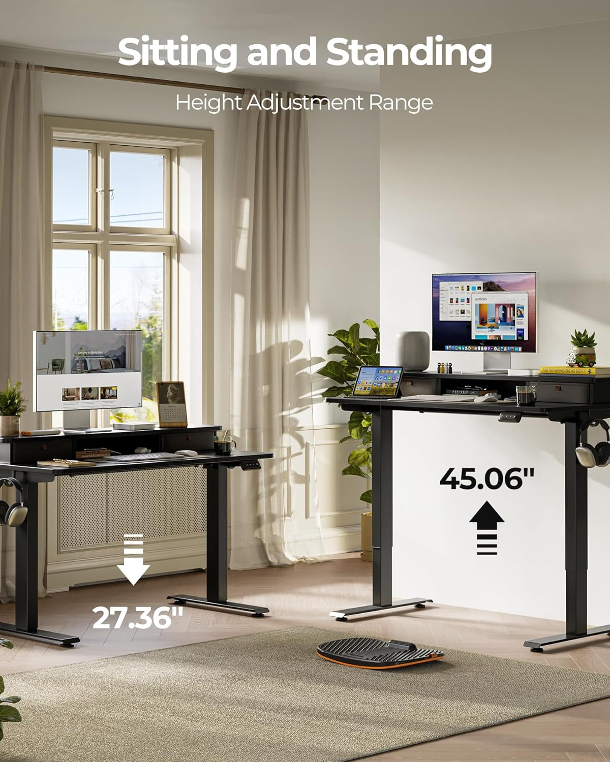 Height Adjustable Electric Standing Desk - 40" x 24" with Double Drawer, 4 Adjustable Feet, and 2 Hooks, Black Finish