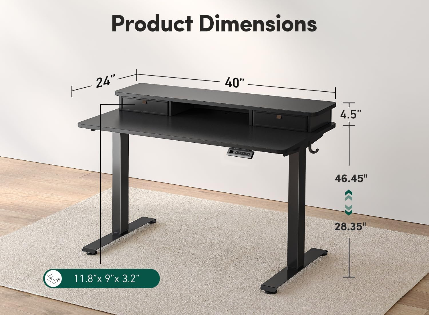 Height Adjustable Electric Standing Desk - 40" x 24" with Double Drawer, Home Office Workstation, Black Finish, Includes 4 Adjustable Feet and 2 Hooks