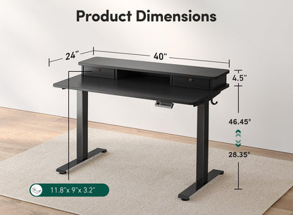 Height Adjustable Electric Standing Desk - 40" x 24" with Double Drawer, Home Office Workstation, Black Finish, Includes 4 Adjustable Feet and 2 Hooks