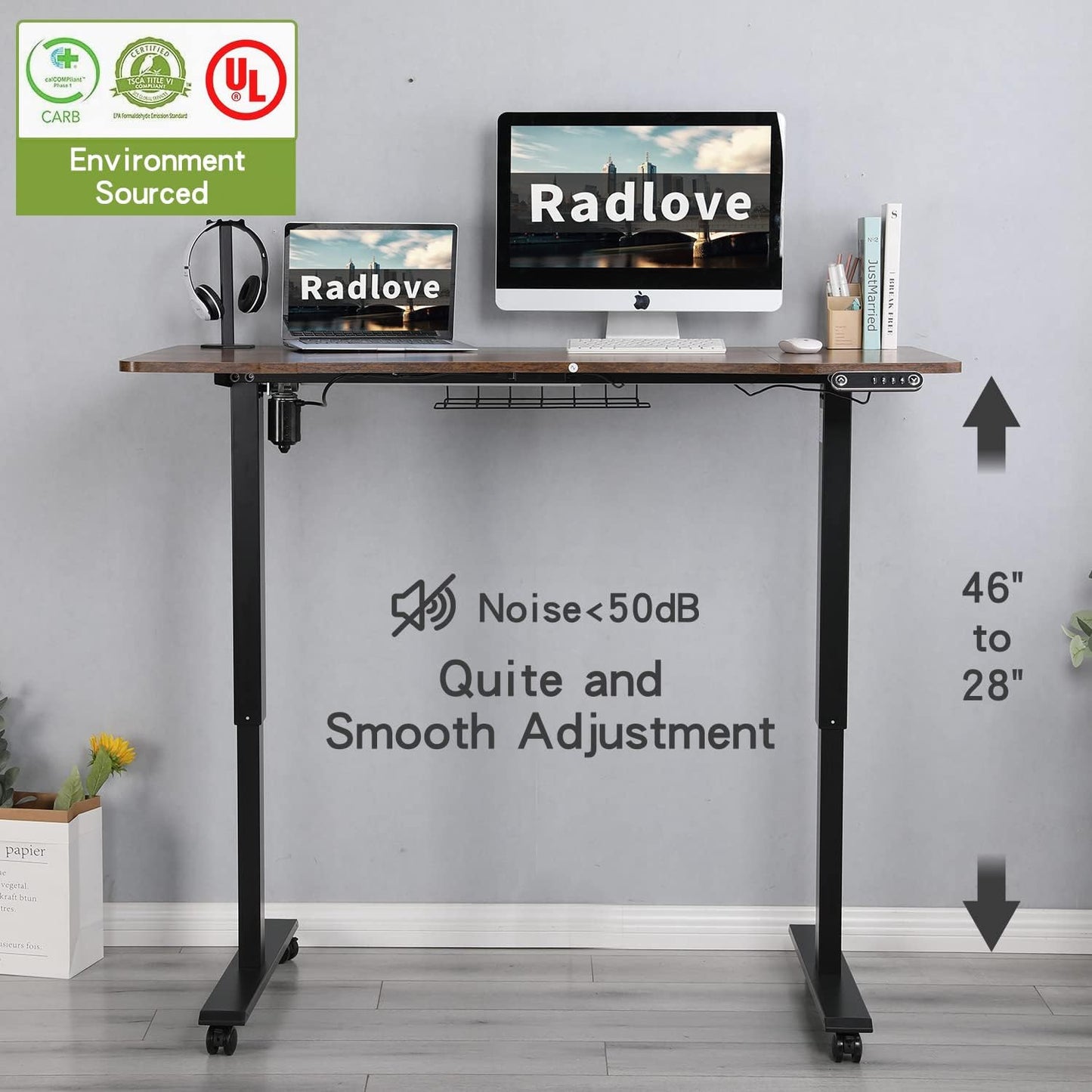 Height Adjustable Electric Standing Desk with Splice Board and Under Desk Storage for Home Office