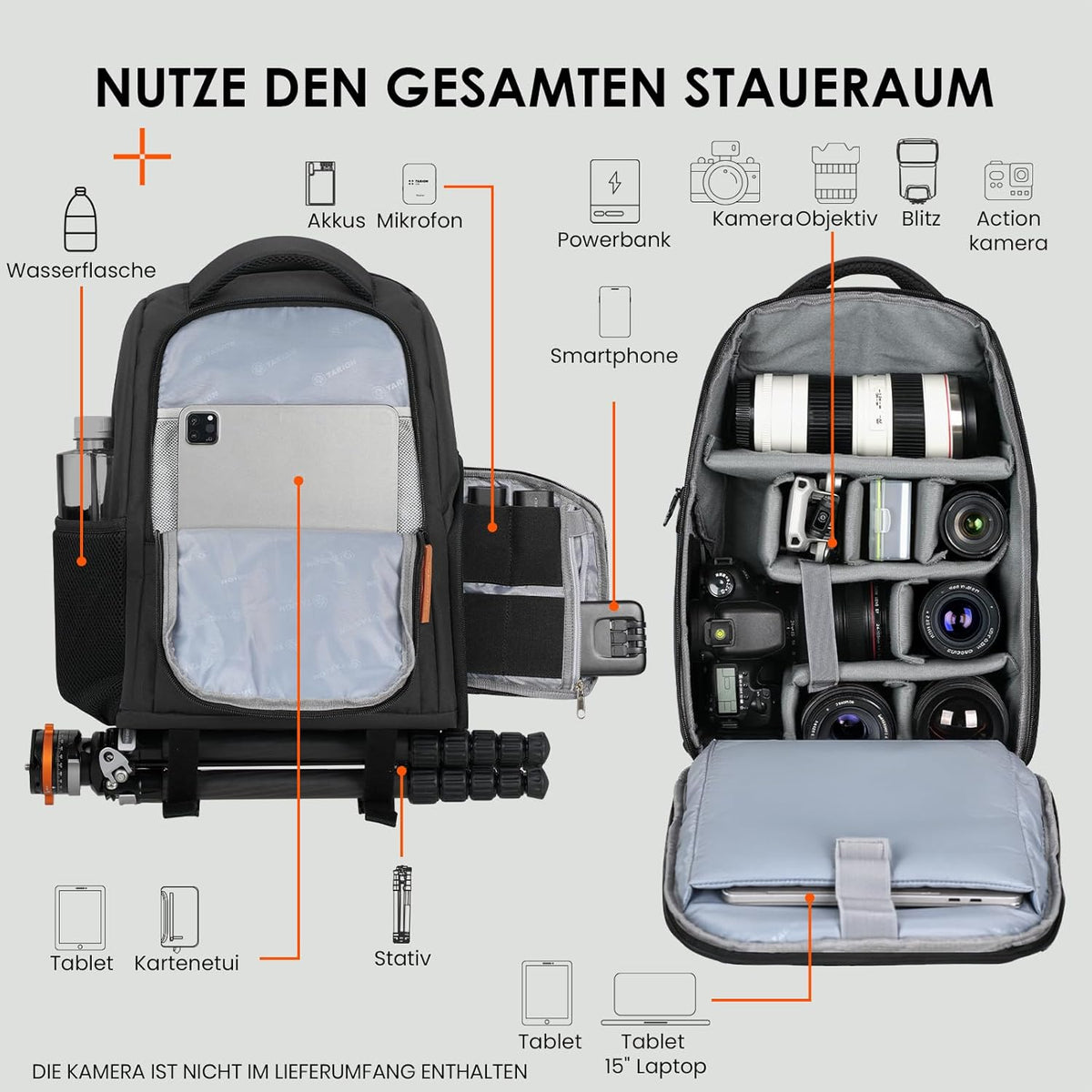 Camera Backpack for Photographers - Compact Camera Bag with 15 Inch Laptop Compartment - Side Access Quick Draw - Anti-Theft Hidden Pocket Tripod Holder Rain Cover - TB04 Black