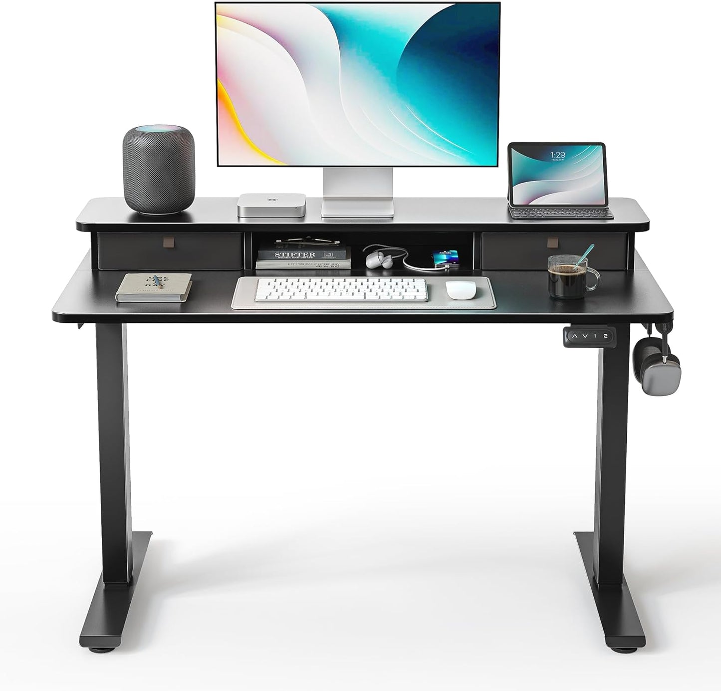 Height Adjustable Electric Standing Desk - 40" x 24" with Double Drawer, 4 Adjustable Feet, and 2 Hooks, Black Finish